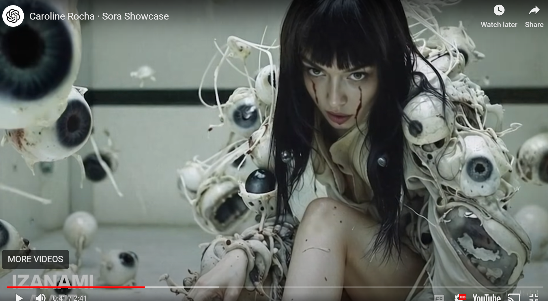 A striking AI-generated video scene from SORA by OpenAI, featuring a woman with dark hair in a surreal and eerie environment, surrounded by large, detached eyeballs connected by wires, showcasing the model's ability to create intense, horror-themed visuals.