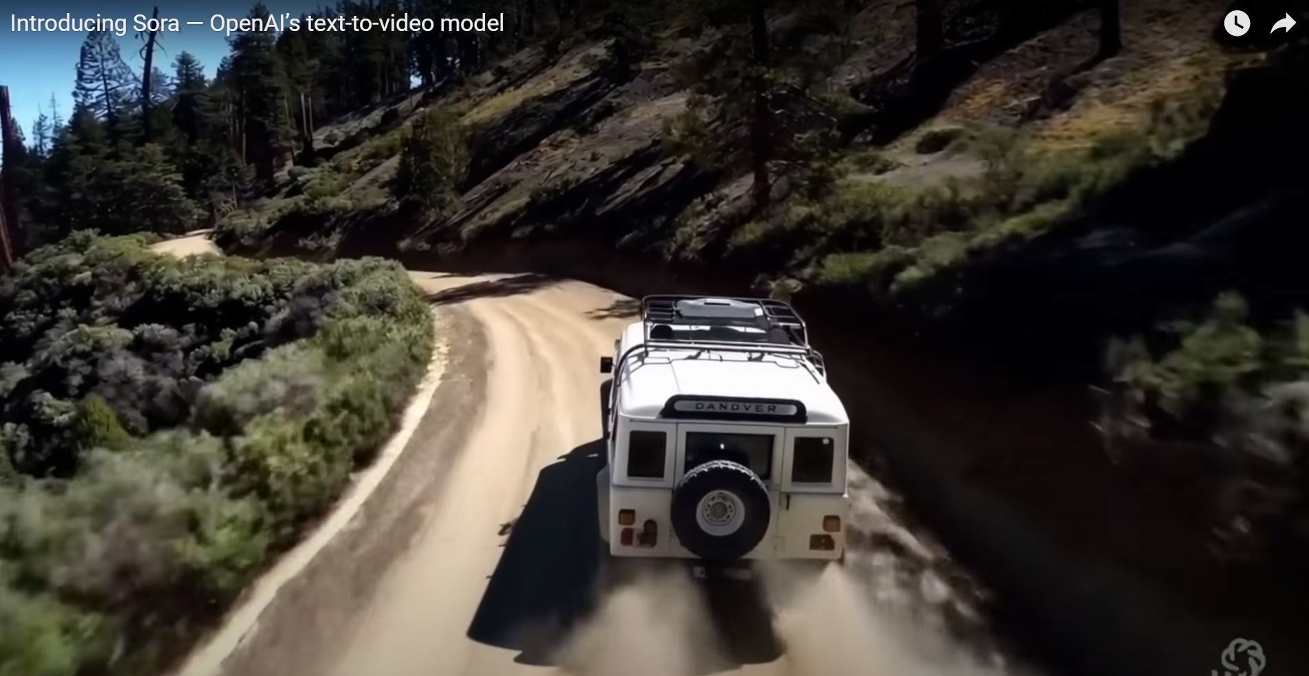 A highly detailed, AI-generated video scene from SORA by OpenAI, featuring a white Jeep driving down a winding dirt road through a lush, forested landscape, showcasing dynamic camera movement and natural scenery.