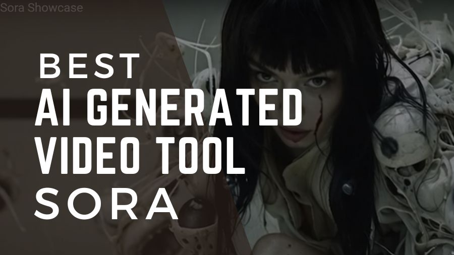 Thumbnail image featuring text overlay 'Best AI Generated Video Tool SORA' with a background of an eerie, AI-generated scene from SORA by OpenAI, showcasing a woman surrounded by surreal elements, emphasizing the tool's capability in creating intense visual effects.